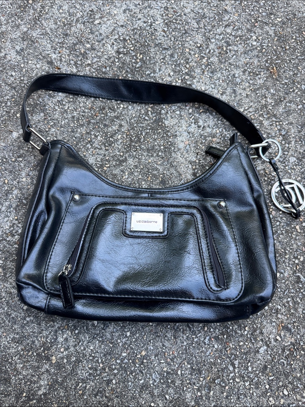 Vintage Liz Claiborne Black Faux Leather Shoulder Bag with Logo Charm